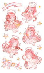  5girls absurdres angel angel_wings banner bare_arms bare_shoulders barefoot bead_necklace beads belt beret black_belt black_bow black_ribbon bloom_poetry_(shining_nikki) blue_bow blue_bowtie blunt_bangs bow bow_(music) bowtie bra_strap bracelet braid brown_eyes character_name chibi chinese_commentary closed_eyes closed_mouth commentary_request dress expressionless eyelashes flower flower_bracelet flying four-pointed_star frilled_dress frilled_shirt frilled_skirt frilled_sleeves frills hair_bow hair_ribbon halo happy hat head_wreath high-waist_skirt highres holding holding_bow_(music) holding_instrument holding_lyre holding_microphone holding_tambourine holding_trumpet holding_violin infinity_nikki instrument jewelry jingyanyan light_blush long_hair long_sidelocks long_sleeves looking_at_viewer low_twin_braids low_twintails lyre medium_dress medium_skirt microphone miracle_nikki multiple_girls multiple_persona musical_note musical_staff necklace nikki_(series) nikki_up2u nikki_up2u2:_world_traveller off-shoulder_shirt off_shoulder one_eye_closed open_mouth parted_lips perfect_start_(infinity_nikki) pinafore_dress pink_dress pink_hair pink_skirt playing_instrument playing_trumpet pleated_dress pleated_skirt puffy_long_sleeves puffy_sleeves purple_dress purple_flower red_bow red_bowtie ribbon sample_watermark shining_nikki shirt short_sleeves sidelocks simple_background singing skirt sleeveless sleeveless_dress smile square_neckline star_(symbol) strapless strapless_dress tambourine tareme traditional_halo treble_clef tress_ribbon trumpet twin_braids twintails very_long_hair violin watermark watermark_grid wavy_hair white_background white_flower white_halo white_hat white_shirt white_wings wings yellow_flower 