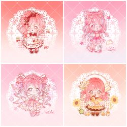 4girls animal ankle_socks apple apron aqua_bow arm_ribbon arm_warmers backpack bag beads bird blue_choker boots bow bow_earrings bow_legwear bowtie braid brooch brown_boots brown_eyes brown_skirt cherry_hair_ornament cherry_print cherry_youth_(miracle_nikki) chibi chicken chinese_commentary choker clouds commentary_request cone_hair_bun country_lolita cropped_jacket cross-laced_socks double_bun dress dual_persona earrings eyelashes eyewear_on_head fairy_wings flower flower_brooch food food-themed_creature food-themed_hair_ornament food_print frilled_dress frilled_skirt frilled_sleeves frills fruit fruit_print gradient_hair hair_beads hair_bow hair_bun hair_flower hair_ornament half-closed_eyes hand_on_own_cheek hand_on_own_face happy headscarf heart heart-shaped_eyewear high-waist_skirt high_side_ponytail highres holding holding_animal holding_bag holding_bird holding_wand infinity_nikki jacket jewelry jingyanyan junimo kneehighs lace_background leg_ribbon leg_warmers lolita_fashion long_dress long_hair long_sleeves medium_skirt multicolored_hair multiple_girls nikki_(nikki) nikki_(series) off-shoulder_dress off_shoulder open_clothes open_jacket orange_background orange_socks outline pink-tinted_eyewear pink_arm_warmers pink_background pink_bag pink_dress pink_eyes pink_hair pink_ribbon pink_shoes pink_wings pleated_dress print_dress print_leg_warmers procreate_(medium) puffy_long_sleeves puffy_short_sleeves puffy_sleeves purple_hair red_background red_bow red_bowtie red_jacket red_shoes ribbon sample_watermark shirt shirt_under_dress shoes short_dress short_sleeves shoulder_bag side_braids side_ponytail sidelocks single_earring skirt sleeveless sleeveless_dress sneakers socks star_(symbol) star_earrings star_print star_wand stardew_valley stardew_valley_encounter_(infinity_nikki) starlit_celebration_(infinity_nikki) straight-on streaked_hair sunflower sunglasses sweet_lolita sweet_rhapsody_(infinity_nikki) tareme tinted_eyewear twin_braids two-tone_hair violet_eyes wand watermark watermark_grid white_bow white_dress white_flower white_headscarf white_leg_warmers white_outline white_shirt white_sleeves white_socks wings y2k_fashion yellow-framed_eyewear yellow_apron yellow_bag yellow_flower yellow_shirt