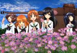  5girls absurdres akiyama_yukari black_hair blue_eyes brown_eyes brown_hair dragonfly flower girls_und_panzer hairband highres isuzu_hana military military_vehicle multiple_girls nishizumi_miho official_art open_mouth orange_eyes orange_hair reizei_mako school_uniform serafuku sky takebe_saori tank vehicle 