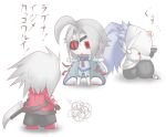  1girl 2boys ahoge blazblue bodysuit cape eyepatch hakumen multiple_boys nu-13 piza_poteto ragna_the_bloodedge silver_hair 