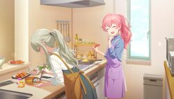  2girls :d ^_^ again_and_again_ambition!_(project_sekai) apron bento blue_sweater breasts brown_apron cherry_tomato chopsticks closed_eyes closed_mouth colorful_palette cooking dot_nose dress facing_another fang food frilled_shirt frills from_side game_asset green_hair grey_dress hands_up high_ponytail highres holding holding_chopsticks indoors kitchen kusanagi_nene light_blush light_particles long_hair long_sleeves momoi_airi multiple_girls official_art open_mouth pink_hair ponytail profile project_sekai puffy_long_sleeves puffy_sleeves purple_apron shirt sidelocks small_breasts smile standing sweatdrop sweater third-party_source tomato tongue v-shaped_eyebrows vegetable violet_eyes white_shirt 