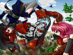  2girls armor backflip blue_kimono blue_sky bodysuit bodysuit_under_clothes clouds commentary_request explosion full_body golem grey_bodysuit grey_scarf helmet japanese_armor japanese_clothes kabuto_(helmet) kimono kote long_hair mask mouth_mask multiple_girls ninja ninja_mask pink_hair pixiv_fantasia pixiv_fantasia_new_world red_eyes red_hair red_scarf samurai scarf sengoku_esuji short_hair sky tree 