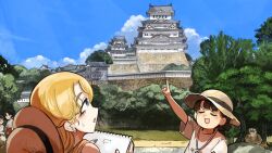  4girls :d absurdres architecture baby_animal bird black_hair blonde_hair blue_eyes chicken closed_eyes commentary diva_(hyxpk) dress duck duckling earrings east_asian_architecture english_commentary hakama hat highres himeji_castle holding holding_notebook japanese_clothes jewelry miko multiple_girls nose_bubble notebook notepad original paintbrush pointing red_hakama shirt short_hair sky smile stud_earrings tree white_shirt yellow_dress 