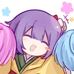  +++ 1girl ^_^ blush_stickers closed_eyes fby1313133 flower green_kimono hair_flower hair_ornament hakama hakama_skirt hieda_no_akyuu holding holding_pom_poms japanese_clothes kimono layered_kimono long_sleeves open_mouth pom_pom_(cheerleading) purple_hair red_hakama simple_background single_blush_sticker skirt smile solo touhou violet_eyes white_background wide_sleeves yellow_kimono 