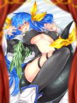  1girl asymmetrical_wings bare_shoulders blue_hair blush bow breasts choker da_ken dizzy guilty_gear hair_bow highres large_breasts long_hair lying navel on_back open_mouth red_eyes ribbon solo tail tail_ribbon thighhighs twintails underboob wings 