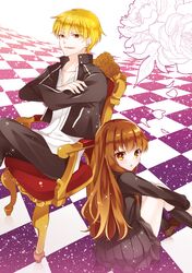  1boy 1girl blonde_hair brown_eyes brown_hair chair checkered checkered_floor fate/extra fate/extra_ccc fate_(series) female gilgamesh gogo_mizuki kishinami_hakuno_(female) long_hair male red_eyes school_uniform serafuku 