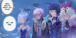  1boy 1girl alyosha_(genshin_impact) bare_shoulders blue_hair blush breath cold commentary crossed_arms english_commentary english_text fur_trim genshin_impact green_hair grey_hair hat illuga_(genshin_impact) jacket lohen_(genshin_impact) odette_(genshin_impact) ushanka xenarrq 
