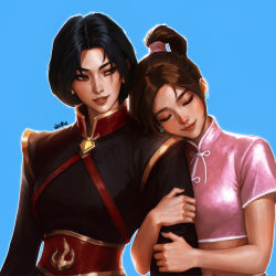  2girls aged_up aqua_nails arm_hug artist_name avatar:_the_last_airbender avatar_legends azula black_hair black_shirt blue_background breasts brown_hair closed_eyes closed_mouth commentary crop_top earrings east_asian english_commentary head_on_another's_shoulder high_collar high_ponytail highres jewelry long_hair long_sleeves looking_at_another medium_breasts multiple_girls narrow_waist parted_bangs parted_lips pink_shirt ponytail quentims shirt short_hair short_sleeves simple_background ty_lee upper_body yellow_eyes yuri 