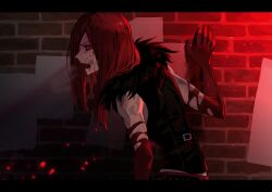 1boy against_wall black_eyes brick_wall bruise bruise_on_arm bruise_on_face carmine_(under_night_in-birth) colored_sclera commentary_request fur_collar injury long_hair male_focus open_mouth red_eyes red_hair red_sclera solo suzunashi sweat under_night_in-birth 