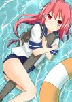  1girl hatomaru i-168_(kantai_collection) innertube kantai_collection long_hair lying on_side personification ponytail red_eyes redhead school_swimsuit school_uniform serafuku swimsuit swimsuit_under_clothes torpedo water 