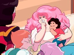  1boy 4girls afro alternate_costume amethyst_(steven_universe) blush child denim garnet_(steven_universe) gem good_end grin highres jeans lips mother_and_child mother_and_son multiple_girls official_style pants parent_and_child pearl_(steven_universe) pink_hair rebecca_sugar_(style) ringlets rose_quartz_(steven_universe) sirbliu sleeping smile steven_quartz_universe steven_universe 