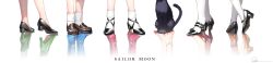  6+girls aino_minako animal anklet barefoot bishoujo_senshi_sailor_moon black_cat black_shoes blue_boots boots brown_shoes cat copyright_name crescent different_reflection dual_persona feet_only footwear_focus from_behind green_shoes heel_up high_heel_boots high_heels highres hino_rei jewelry kino_makoto loafers luna_(sailor_moon) luna_(sailor_moon)_(human) magical_girl mizuno_ami multiple_girls orange_shoes pink_boots red_shoes reflection reflective_floor ryota_(ry_o_ta) sailor_jupiter sailor_mars sailor_mercury sailor_moon sailor_venus shoes signature socks standing tiptoes tsukino_usagi white_background white_socks wide_image 