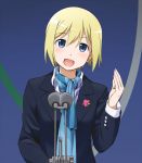  1girl :d blonde_hair blue_eyes erica_hartmann formal long_sleeves microphone open_mouth scarf short_hair smile solo strike_witches suit youkan 