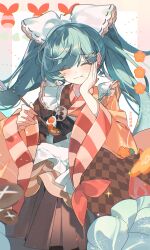  1girl absurdres apron aqua_hair brown_skirt closed_eyes closed_mouth earrings fork_hair_ornament frilled_apron frills hair_ornament hair_ribbon hand_on_own_cheek hand_on_own_face hatsune_miku highres holding holding_spoon japanese_clothes jewelry kimono long_hair official_alternate_costume raised_inner_eyebrows ribbon sidelocks sin_090 skirt smile solo spoon spoon_hair_ornament standing twintails vocaloid white_ribbon wide_sleeves yuki_miku yuki_miku_(2024) 