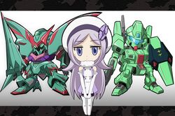  1girl aila_jyrkiainen blue_eyes boots chibi elbow_gloves gloves gundam gundam_build_fighters hat jegan long_hair looking_at_viewer mecha qubeley_papillon silver_hair thigh_boots thighhighs 