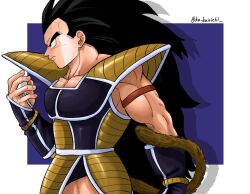  1boy armor black_hair commentary dragon_ball dragon_ball_z from_side highres ku_buirichi long_hair monkey_tail raditz saiyan_armor shadow solo tail twitter_username 