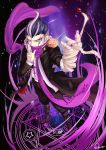  1boy bandages black_hair boots da-cart dangan_ronpa from_below hamster heterochromia highres jacket jewelry looking_at_viewer magic_circle multicolored_hair ring scar scarf scarf_over_mouth short_hair super_dangan_ronpa_2 tanaka_gandamu 