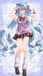  1boy absurdres aqua_eyes aqua_hair artist_name bow bowtie brown_shoes colorful_background commentary_request crossdressing crossdressing_(mtf) double_v drill_hair eyelashes fire_emblem fire_emblem_engage full_body hair_bow highres loafers long_hair loose_socks male_focus miniskirt multicolored_hair one_eye_closed partial_commentary pink_scrunchie plaid_background plaid_bow plaid_bowtie plaid_clothes plaid_skirt pleated_skirt purple_hair rosado_(fire_emblem) school_uniform scrunchie shoes short_sleeves skirt socks solo streaked_hair trap two-tone_hair v very_long_hair wade_(njud8343) white_socks wrist_scrunchie 