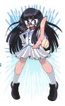  1girl black_hair blazer emphasis_lines eyebrows gashi-gashi glasses heart heart_in_mouth loafers long_hair pigeon-toed pointing pointing_at_viewer school_uniform semi-rimless_glasses shoes skirt socks solo under-rim_glasses violet_eyes 