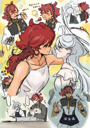  ... 0321smith 2girls ahoge asticassia_school_uniform black_hairband blue_eyes camisole commentary_request dress eating eye_contact gloves green_jacket grey_hair gundam gundam_suisei_no_majo hairband highres holding holding_skewer jacket long_hair looking_at_another miorine_rembran multiple_girls red_hair school_uniform skewer smile spoken_ellipsis suletta_mercury translation_request white_camisole white_dress white_gloves white_jacket yuri 