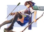  1girl aircraft_carrier arrow black_legwear blush bow_(weapon) brown_eyes brown_hair holysnow japanese_clothes kaga_(kantai_collection) kantai_collection muneate personification short_hair side_ponytail skirt solo thighhighs weapon 