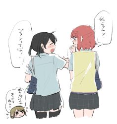  3girls bag black_hair black_skirt black_thighhighs blush chibi chibi_inset clenched_teeth closed_eyes collared_shirt colored_tips commentary_request from_behind half_updo highres jealous katayudetamago looking_at_another love_live! love_live!_nijigasaki_high_school_idol_club miniskirt multicolored_hair multiple_girls nakasu_kasumi nervous_sweating nijigasaki_school_uniform pink_hair pleated_skirt profile school_bag school_uniform shirt short_hair short_sleeves sidelocks simple_background skirt speech_bubble summer_uniform sweat sweater_vest takasaki_yu teeth thigh-highs translated twintails uehara_ayumu white_background white_shirt yellow_sweater_vest yuri 