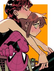  2girls bodysuit brown_hair camera couple genderswap genderswap_(mtf) highres hug hug_from_behind marvel mary_jane_watson multicolored_bodysuit multiple_girls peter_parker red_hair sitting sleeveless slothpilosa smile spider-man spider-man_(original_suit) spider-man_(series) spider_web_print superhero_costume two-tone_bodysuit yuri 