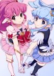 2girls black_legwear blue_dress blue_eyes blue_hair boots bowtie brooch cure_lovely cure_princess dress earrings frills gloves happinesscharge_precure! hirose_(mokiki) holding_hands jewelry long_hair magical_girl multiple_girls pink_dress pink_eyes pink_hair precure shoes skirt smile thigh_boots thighhighs white_background white_legwear 
