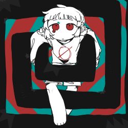  1girl abstract_background commentary facing_viewer highres milk-chan_(milk_series) milk_inside_a_bag_of_milk_inside_a_bag_of_milk no_symbol partially_colored patterned_background print_sweater red_eyes shimenaco short_bangs short_hair shorts sketch solo spiral sweater teardrop walking 