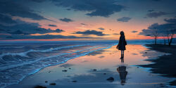  1girl absurdres bare_tree beach boots clouds commentary_request dusk gradient_sky guiyi_tonghua highres horizon looking_afar ocean original reflection rock scenery silhouette sky solo standing tree waves wide_shot 