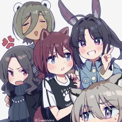  5girls absurdres ahoge anger_vein animal_ear_fluff animal_ears awa_subaru bead_necklace beads bear_ears black_hair black_shirt black_sweater blonde_hair blue_eyes blue_shirt blush brown_hair cat_ears closed_eyes closed_mouth collared_shirt commentary_request ebizuka_tomo everyone girls_band_cry grey_eyes grey_hair grin hair_between_eyes hair_intakes hand_on_another's_shoulder hand_up highres iseri_nina jacket jewelry kawaragi_momoka kemonomimi_mode long_hair long_hair_between_eyes long_sleeves low_twintails medium_hair multicolored_hair multiple_girls necklace open_clothes open_jacket open_mouth parted_bangs ponytail pout print_shirt rabbit_ears red_eyes red_hair rupa_(girls_band_cry) shirt short_hair short_sleeves short_twintails sidelocks simple_background smile sweater t-shirt tail teeth turtleneck turtleneck_sweater twintails twitter_username upper_body v violet_eyes white_background xiaxiaxiaoxiao 
