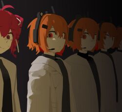  5girls absurdres adachi_rei ahoge black_background breast_pocket clone colored_inner_hair drill_hair expressionless headset highres jacket kasane_teto lemon_shodai lineup multicolored_hair multiple_girls orange_hair pink_hair pocket red_hair sideways_glance simple_background sweatdrop twin_drills utau vocaloid white_jacket 