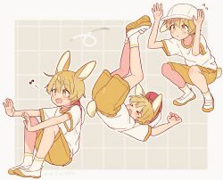  >_< 1boy animal_ears baseball_cap blonde_hair child commentary_request far_tarooo full_body gym_uniform hat highres legs_up lying male_focus noru_(far_tarooo) on_back original outline rabbit_boy rabbit_ears rabbit_tail shirt shoes short_hair short_sleeves shorts socks squatting tail uwabaki white_hat white_outline white_shirt white_shoes white_socks yellow_eyes yellow_shorts 
