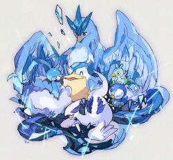  altaria articuno closed_eyes commentary_request ducklett full_body grey_background kantarou_(8kan) lugia no_humans pelipper piplup pokemon pokemon_(creature) simple_background swablu 