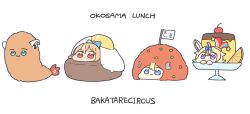 4girls :3 animal_ear_piercing animal_ears blonde_hair blue_eyes chibi chibi_only chiisai closed_mouth commentary_request double-parted_bangs egg_(food) food food_request fox_ears fox_girl fruit green_eyes hair_between_eyes hololive horns in_food lemon lemon_slice multicolored_hair multiple_girls omaru_polka orange_hair pudding red_eyes sheep_horns shirakami_fubuki shiranui_flare short_hair shrimp shrimp_tempura simple_background smile streaked_hair tempura tsunomaki_watame violet_eyes virtual_youtuber white_background white_streaks 