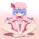  1girl barefoot bat_wings blue_hair bow fang hat hat_bow indian_style red_eyes remilia_scarlet shirosato sitting solo touhou wings 