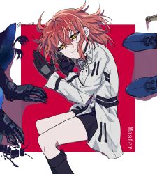  1boy 2girls absurdres artist_name artoria_caster_(fate) artoria_caster_(second_ascension)_(fate) artoria_pendragon_(fate) black_boots black_gloves boots border character_request closed_mouth dress english_commentary english_text fate/grand_order fate_(series) feet_out_of_frame fujimaru_ritsuka_(female) fujimaru_ritsuka_(female)_(decisive_battle_chaldea_uniform) gloves half-closed_eyes highres long_sleeves looking_at_viewer low_(ayn0426) lying medium_hair multiple_girls oberon_(fate) oberon_(third_ascension)_(fate) on_side orange_hair out_of_frame red_background smile solo_focus standing twitter_username white_border white_dress 