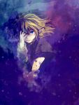  1girl arm_warmers blonde_hair blue_eyes capelet covering_eyes crying looking_at_viewer meiji_(charisma_serve) mizuhashi_parsee pointy_ears purple_background shirt short_hair solo tears touhou 