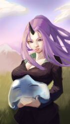  1girl absurdres commentary english_commentary grass highres horns long_hair lyknoe mature_female mountain outdoors purple_hair rimuru_tempest rimuru_tempest_(slime) shion_(tensura) single_horn tensei_shitara_slime_datta_ken violet_eyes 