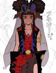  1girl absurdres afro_puffs animification black_gloves brown_eyes brown_gloves brown_hair character_name commentary_request double_bun drill_hair drill_sidelocks evil_smile facial_tattoo frabeejo gloves hair_bun headgear highres insect_wings inu_muchamucha jewelry looking_at_viewer ninja ninpuu_sentai_hurricanger open_clothes open_vest pendant shirt sidelocks sketch sleeveless sleeveless_shirt smile solo standing super_sentai tattoo tokusatsu twin_drills twitter_username upper_body vest wings 