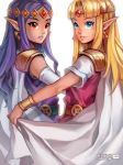  2girls a_link_between_worlds blonde_hair blue_eyes dress dress_lift elbow_gloves eyeshadow finni_chang gloves long_hair makeup multiple_girls nintendo pointy_ears princess_hilda princess_zelda purple_hair red_eyes skirt_hold smile the_legend_of_zelda white_gloves 