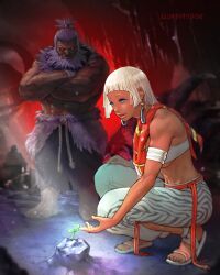1boy 1girl 2others african_clothes akuma_(street_fighter) animal_print arms_crossed artist_name baggy_pants bandaged_arm bandaged_chest bandages barefoot beads beard blue_eyes bridge cave dark-skinned_female dark_skin elena_(street_fighter) fanart full_body fur glowing_eyes highres hoop_earrings japanese_clothes jewlery kneeling lips necklace no_pupils plant ponytail prayer_beads quasimodox red_background red_eyes red_ribbon red_scarf ring rock rope_belt sandals scarf shirtless shirtless_(male) short_hair spiky_beard stalactite straight_hair street_fighter street_fighter_6 tan under_boob white_hair white_pants zebra_print