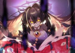  1girl absurdres black_tears breasts colored_inner_hair commentary_request dress highres kandima_(shadowverse) large_breasts long_hair looking_at_viewer mole mole_under_eye multicolored_hair open_mouth shadowverse shadowverse:_worlds_beyond shiny_eyes smile upper_body yellow_eyes 