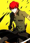  1boy 720yen grey_eyes grin highres minazuki_sho persona persona_4:_the_ultimate_in_mayonaka_arena redhead scar short_hair smile sword weapon yellow_background 