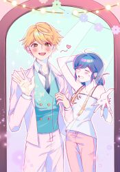  1boy 1girl adrien_agreste aqua_vest bagsanhui5 black_necktie blonde_hair blue_hair camisole closed_eyes commentary_request earrings green_eyes heart highres jacket jewelry korean_commentary marinette_dupain-cheng miraculous_ladybug mirror necktie pants pincushion pink_pants reflection reflection_focus smile string_lights suit_jacket tape_measure vest white_camisole white_jacket 