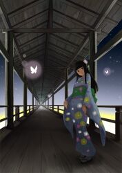  1girl black_eyes black_hair blue_kimono bug butterfly closed_mouth commentary_request floral_print floral_print_kimono flower full_body green_sash grey_sky hair_flower hair_ornament hime_cut japanese_clothes kimono long_hair long_sleeves looking_at_viewer obi original print_kimono sash sengoku_esuji sky smile solo standing star_(sky) starry_sky vanishing_point veranda white_butterfly white_flower wide_sleeves 