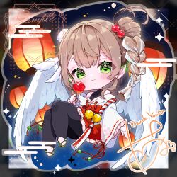  1girl angel_wings bare_shoulders black_leggings blush braid brown_hair brown_sandals candy_apple chibi chibi_only closed_mouth commentary commission double-parted_bangs food frilled_hakama full_body green_eyes hair_bobbles hair_intakes hair_ornament hakama hakama_short_skirt hakama_skirt highres holding holding_candy_apple holding_food japanese_clothes kimono leggings long_hair long_sleeves looking_at_viewer nene_anone original red_hakama ribbon-trimmed_sleeves ribbon_trim sandals signature skirt smile solo thank_you twin_braids white_kimono wide_sleeves wings 
