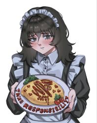  1girl anya_(mouthwashing) apron black_eyes black_hair blush cherry_tomato commentary_request curly_(mouthwashing) curly_(post-crash)_(mouthwashing) english_text food hair_between_eyes heart highres holding holding_plate ketchup korean_commentary maid_apron maid_headdress mouthwashing omelet omurice plate s2_anya simple_background solo tomato white_background 