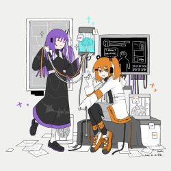  2girls a.i._voice adachi_rei black_dress black_shoes brain brain_in_jar cable closed_eyes commentary dated dress full_body grey_shorts hand_up holding holding_cable index_finger_raised jacket loafers long_sleeves looking_at_viewer multiple_girls orange_eyes orange_hair orange_shoes purple_hair shoes shorts signature sitting sneakers standing tsukumo_shion untranslatable_commentary utau white_jacket yuu_(tangzeyuu) 