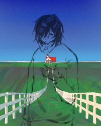  1other black_hair blue_sky ciinamide clear_sky deltarune fence grass highres house kris_(deltarune) looking_at_hand outdoors picket_fence sketch sky solo utdr_(toby_fox) vision_test wooden_fence 